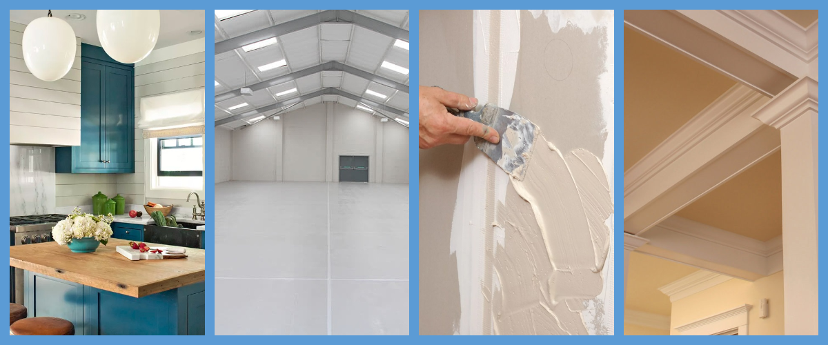 Four images: a modern kitchen, an empty warehouse, a hand applying plaster to a wall, and close-up of crown molding on a beige ceiling. All are separated by blue borders.