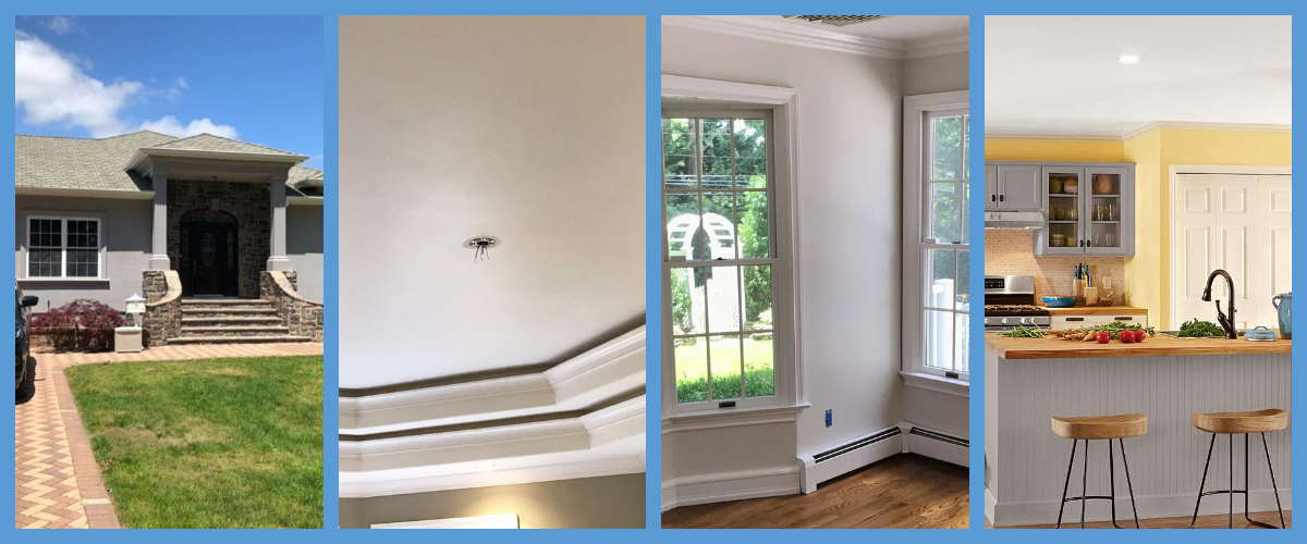 A collage shows a house exterior, a ceiling with molding, a bright windowed corner, and a modern kitchen with a breakfast bar and two stools.