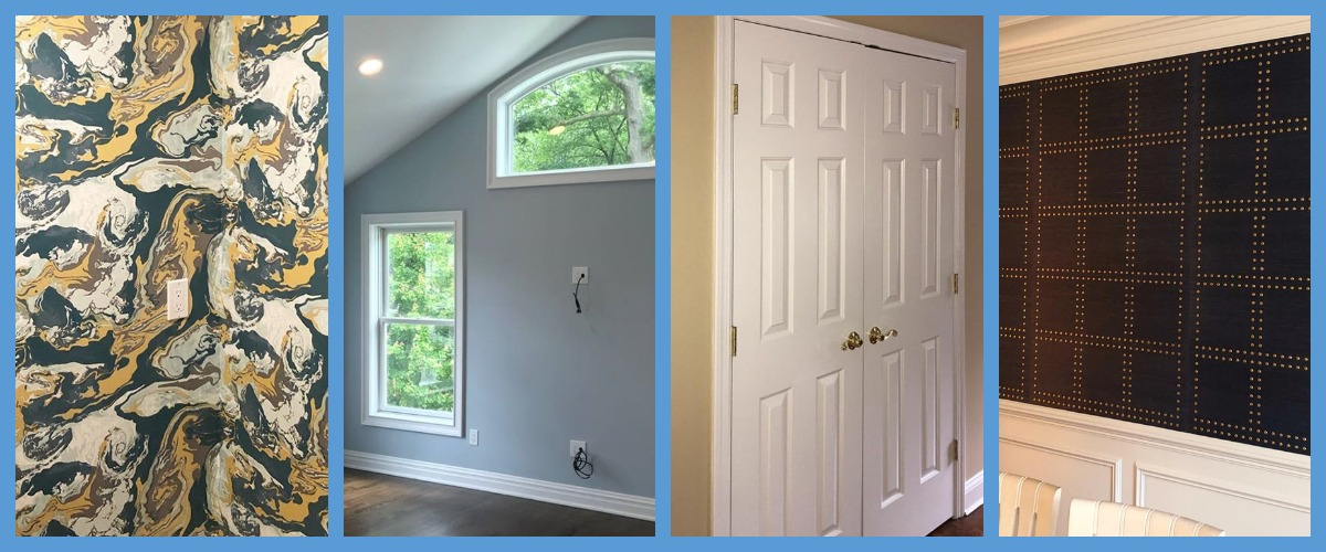 Four interior views: abstract marble wallpaper, gray wall with windows, white double doors, and a navy wall with a grid of gold dots, each separated by blue borders.