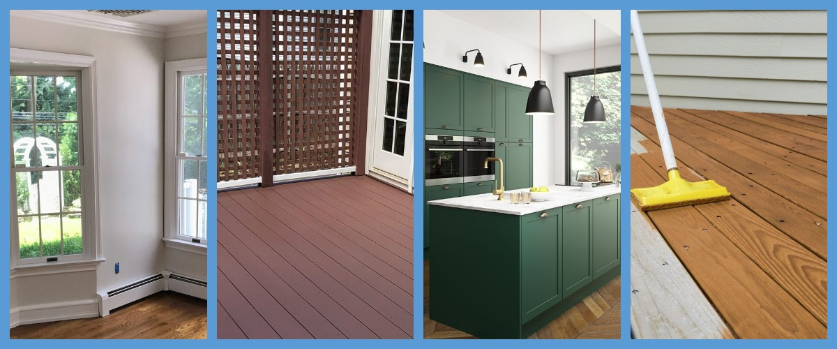 A collage shows a sunlit room, a covered patio, a modern kitchen with green cabinets, and a wooden deck being swept with a yellow broom.