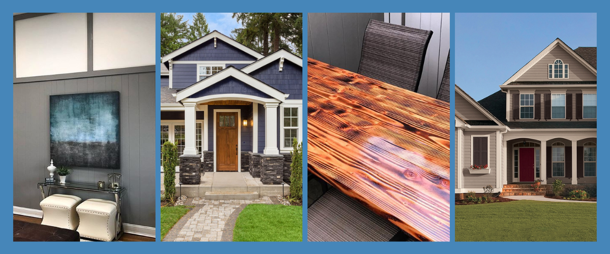 A collage of four images: a modern living room, a blue house exterior, a close-up of a wooden table, and a beige house exterior, all bordered by a blue frame.