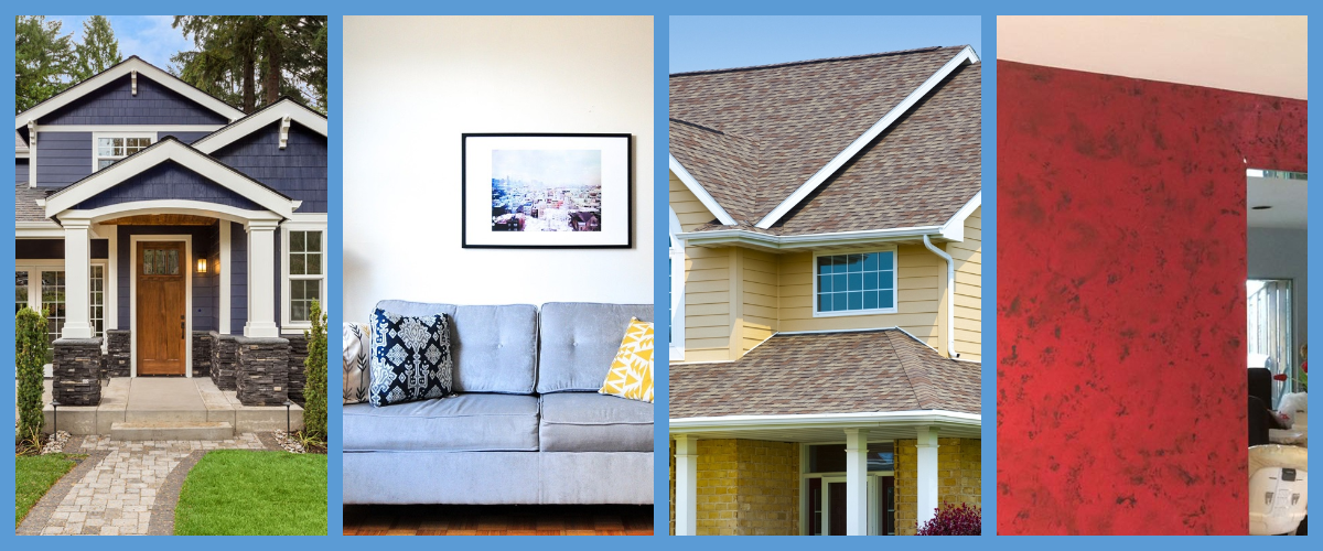 A four-panel collage shows a blue house exterior, a gray sofa with pillows, a yellow house roof, and a red painted wall, all bordered by a blue frame.