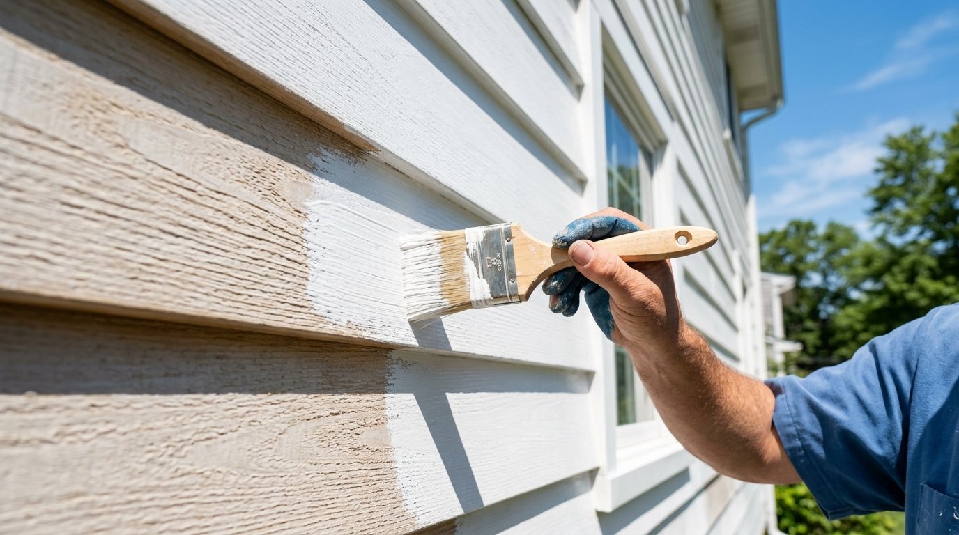 Photorealistic close-up of a high-quality paintbrush meticulously applying fresh white exterior paint on pristine house