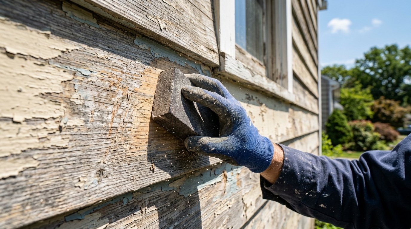 Close-up, low-angle shot of a professional painter's hand holding a sanding block smoothing out exterior wood siding